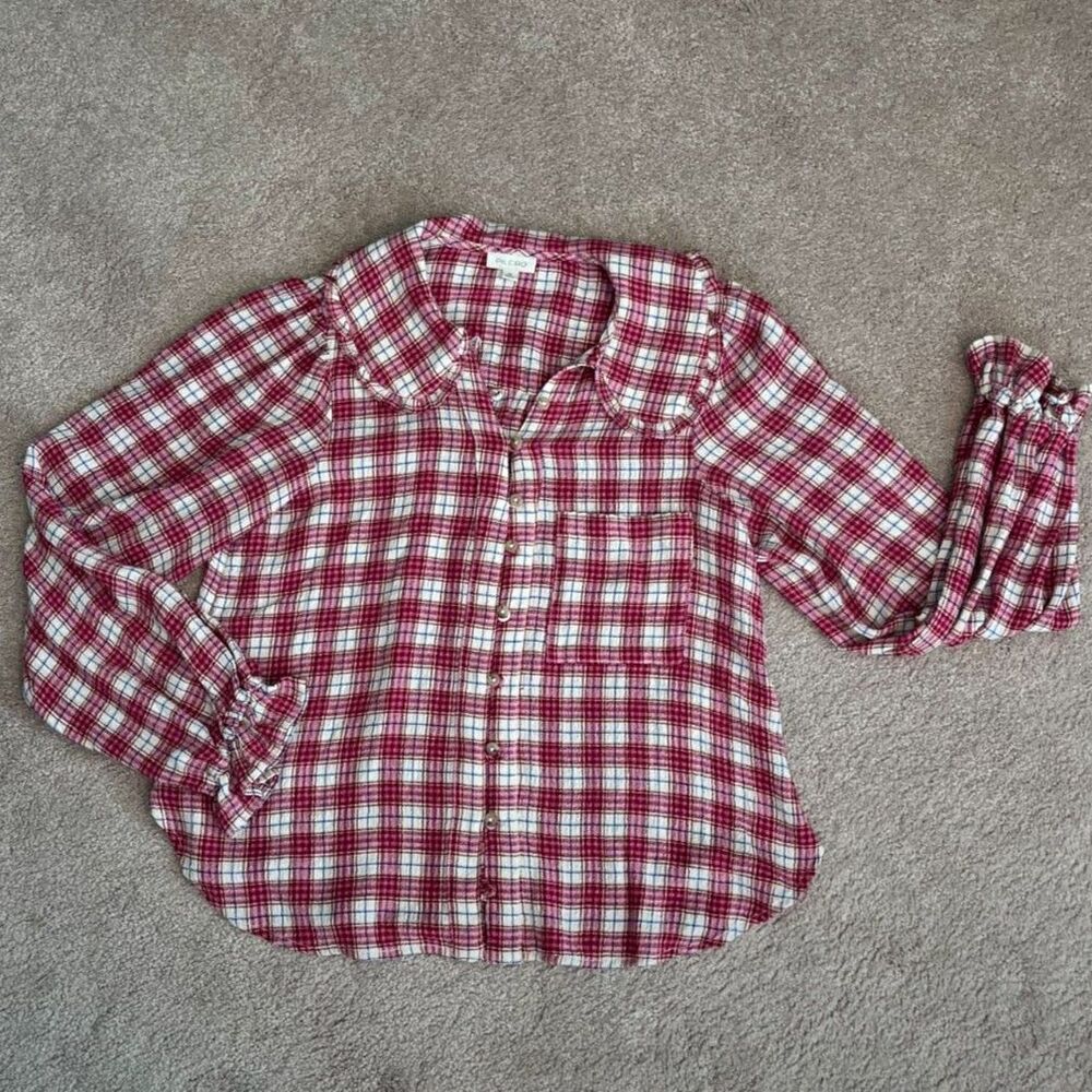 Anthropology Pilcro Keira Plaid Ruffle Peter Pan Collar Blouse Pink Red Size XS - Picture 2 of 6